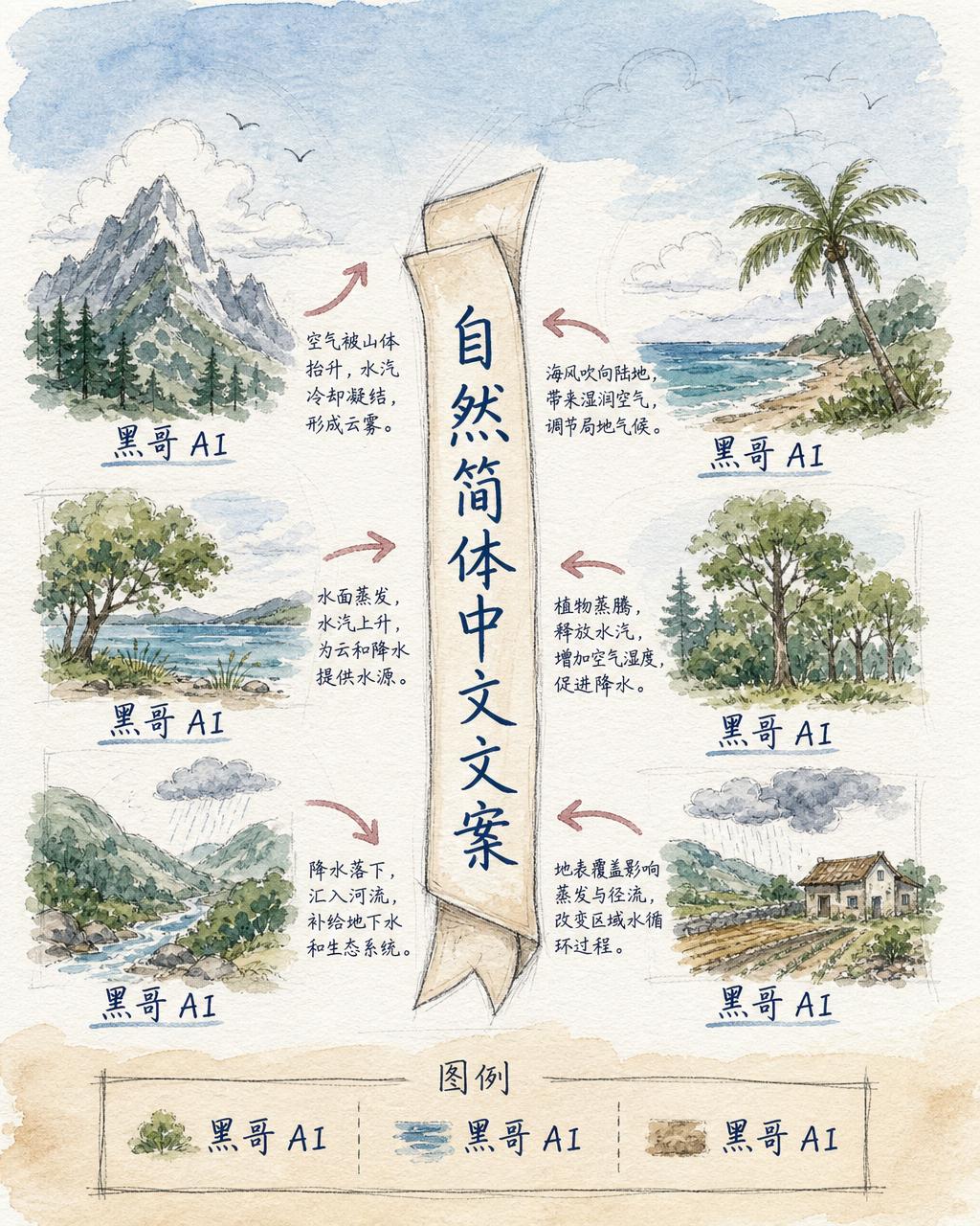 水彩笔记跨页，六个小型天气现象图以 3×2 排列。