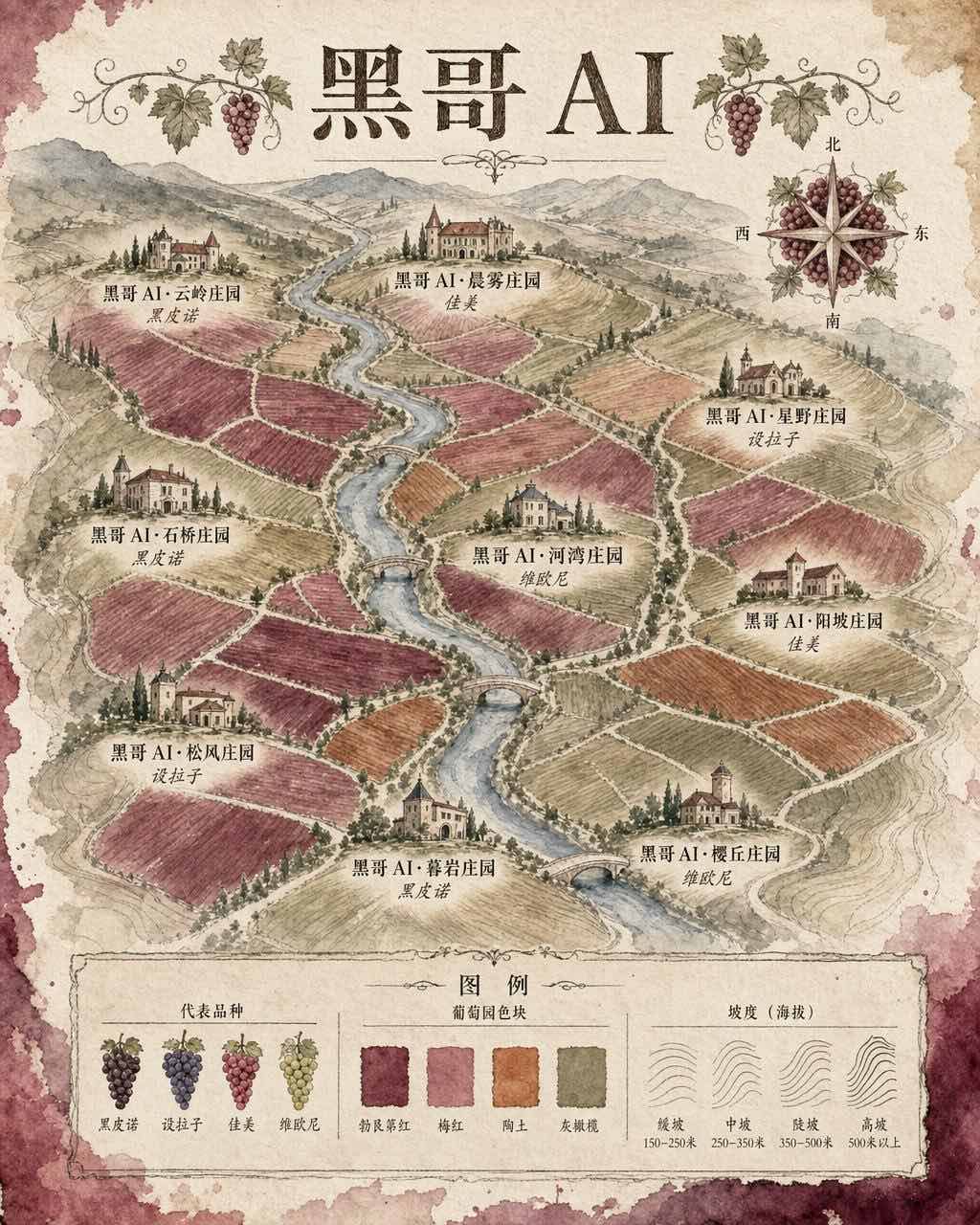 水彩葡萄酒谷地图：八座酒庄、河流、树篱线、葡萄风玫瑰和铜版字标题 Sirelune Valley。