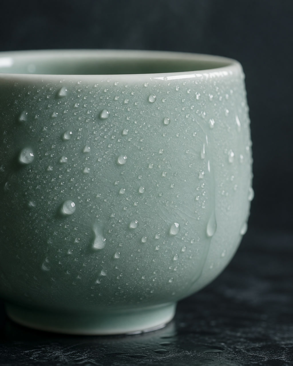 蜡质青瓷杯水滴微距案例图，青瓷茶杯微距产品摄影，表面像蜡质釉面，有细密水滴和柔光反射，背景深青灰，质感真实。