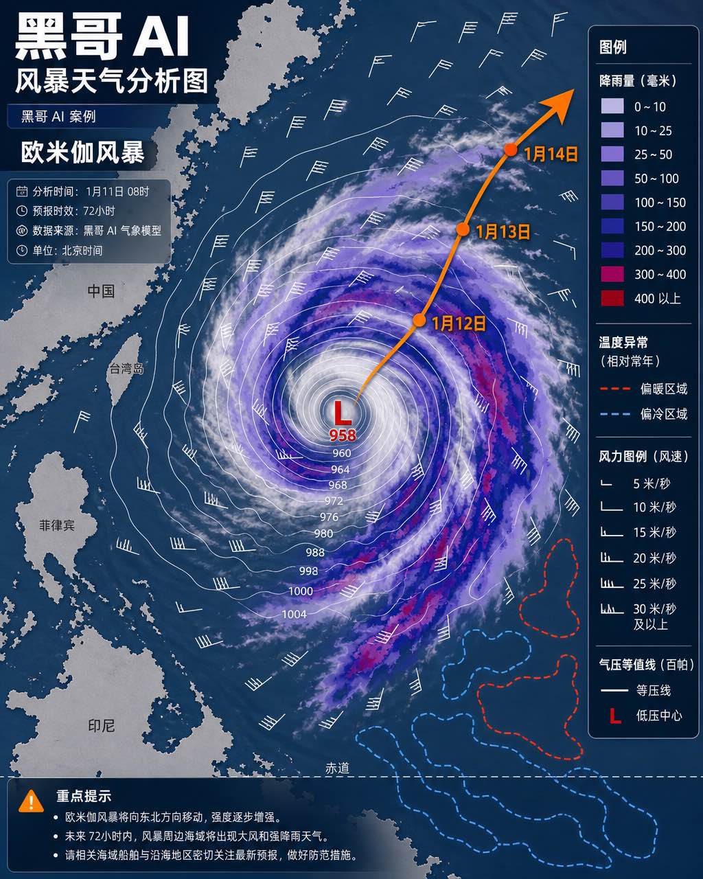 编辑风暴天气地图，等压线、降雨渐变色、风标与橙色预报路径