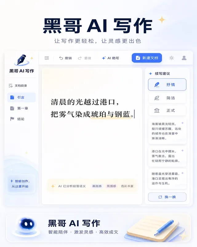 MacBook 展示三栏 AI 写作工具,含文档树、中央编辑器和 AI 建议面板。