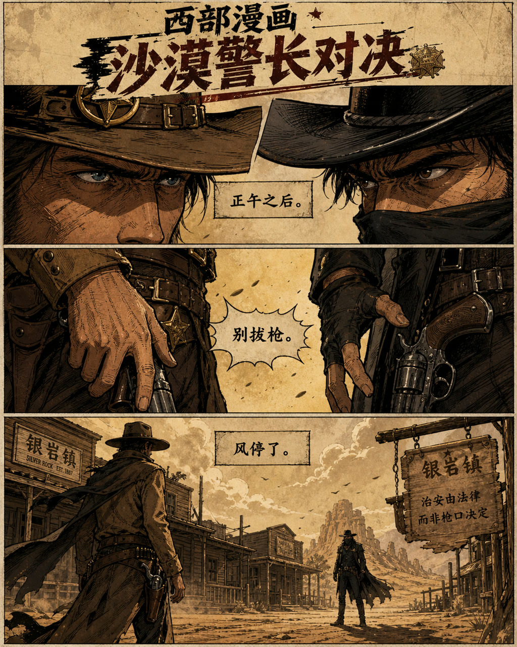 西部漫画沙漠警长对决，原创漫画风格样本，包含清晰漫画版式、角色动作和可见中文标题。
