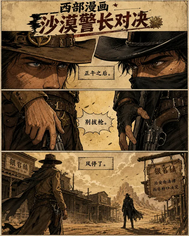 Western Comic Desert Sheriff Duel, an original comic style sample with visible layout, character action, and readable lettering.