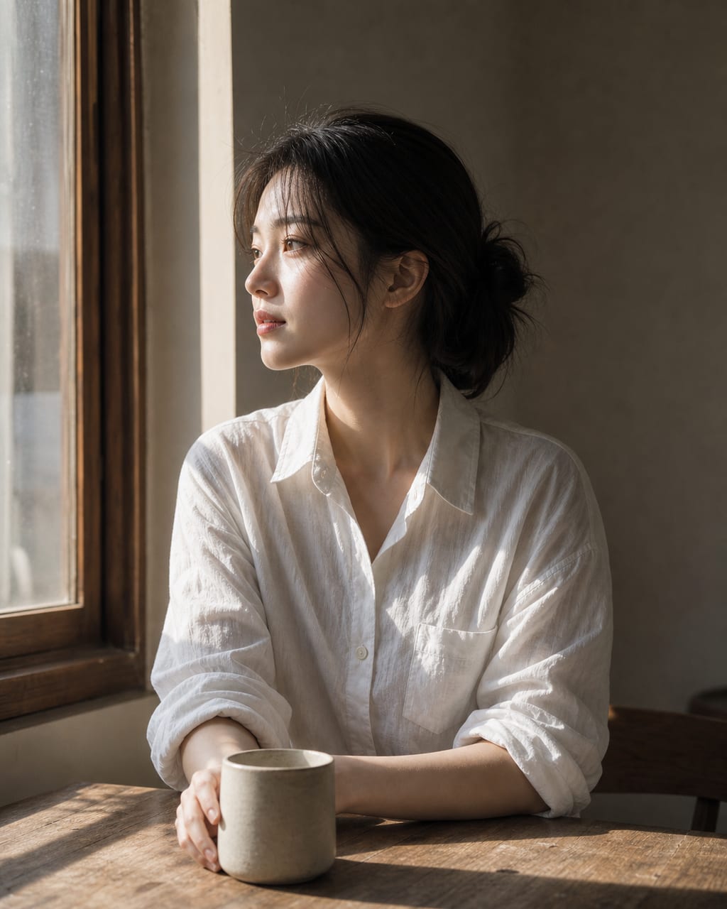 窗边侧光平静肖像，展示面部明暗过渡、亚麻衬衫和安静气氛。