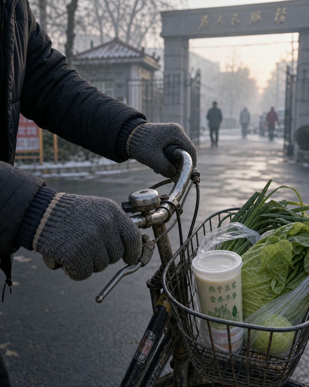 冬天自行车手套把手案例图，冬日清晨，旧自行车把手和厚手套特写，篮子里有豆浆和青菜，背景是小区门口薄雾。