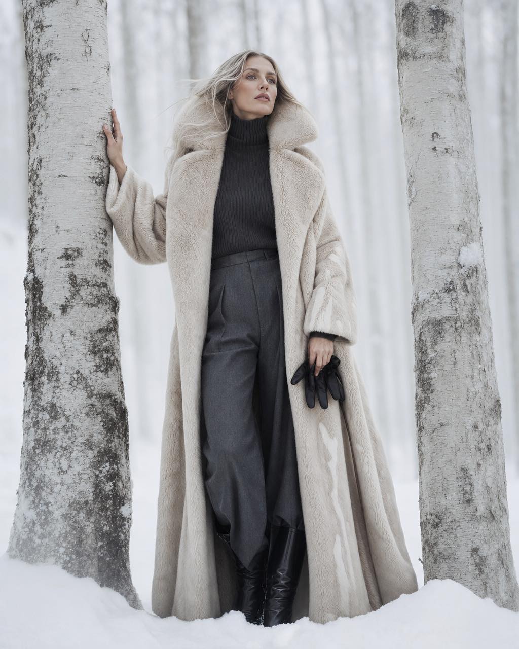 A tall Eastern European woman in a voluminous cream faux-fur coat stands between white birch trunks in a snow-covered forest on an overcast winter day.