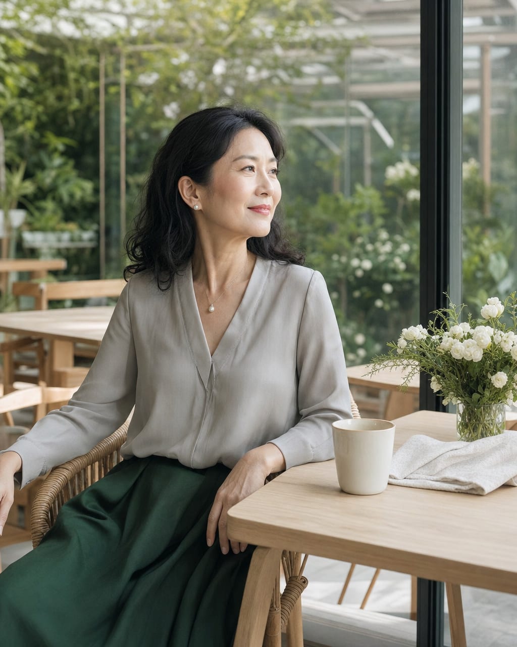 50+女性高级感肖像：低饱和服装、柔光和精致细节，表现成熟美感。