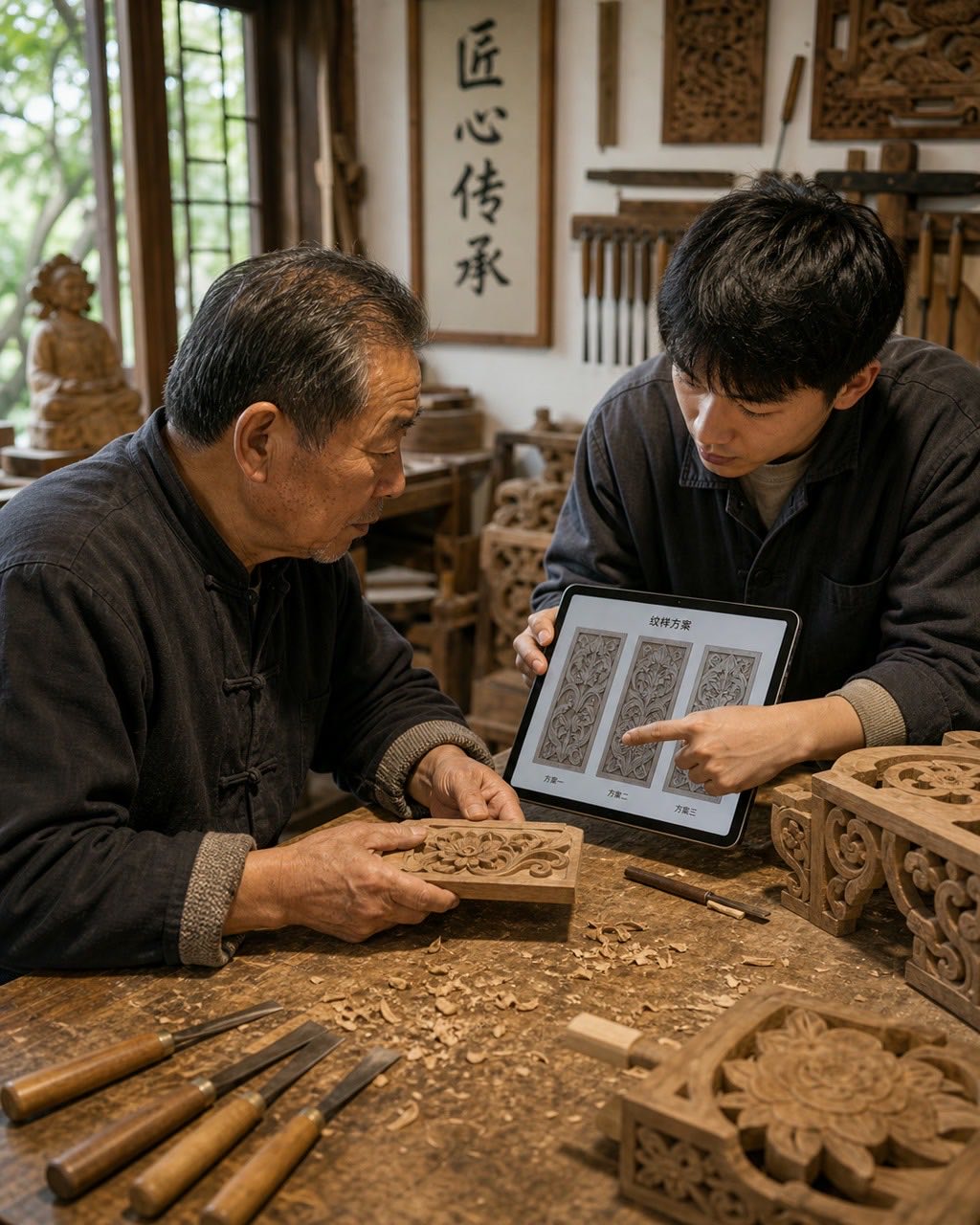木雕师傅平板预览纹样案例图，非遗木雕工作室，老师傅手扶木料，年轻学徒拿平板展示纹样变体，桌面有刻刀、木屑和半成品构件，窗边自然光。