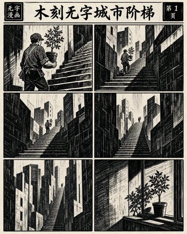 Woodcut Wordless City Stairs, an original comic style sample with visible layout, character action, and readable lettering.