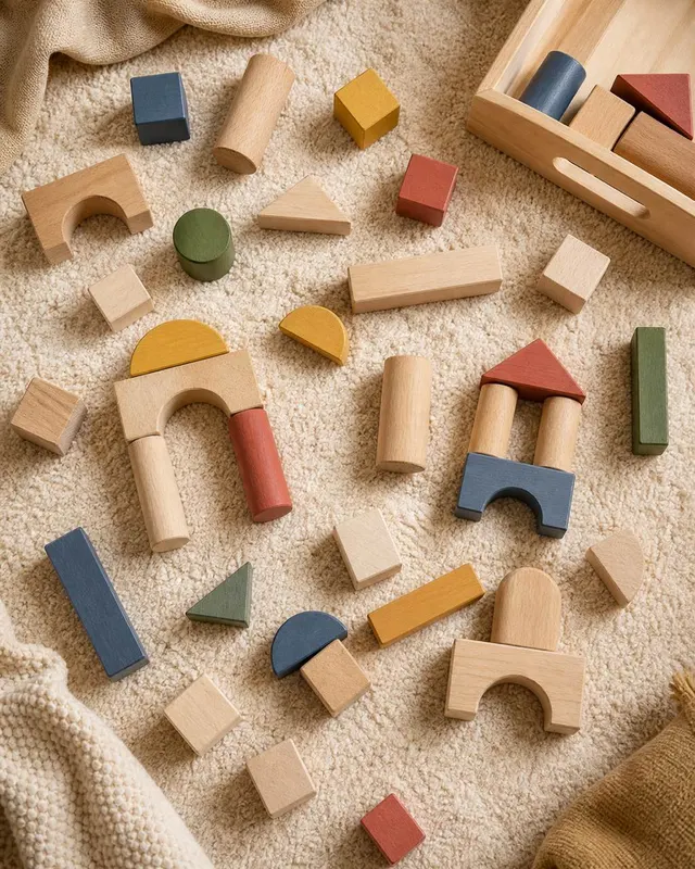 Top-down flat-lay of natural maple and beech building blocks in varied shapes on white surface, crisp shadows, no paint.