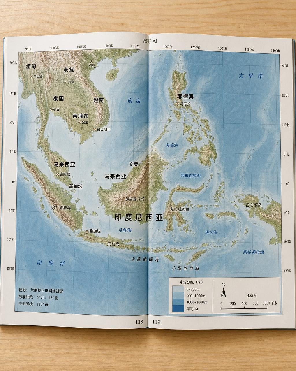 地图集双页展开，东南亚晕渲地形图，深度分级海洋颜色，经纬网格与注释图例。