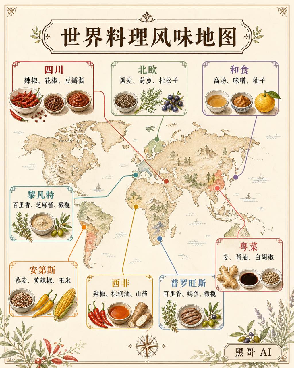 羊皮纸世界地图，十二枚圆形菜系徽章钉在各地区，每枚列三种代表食材。
