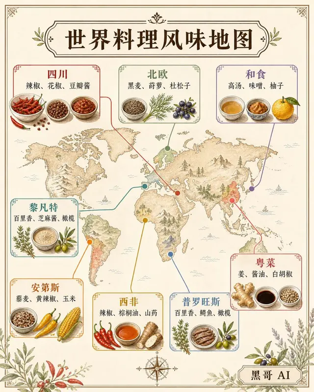 羊皮纸世界地图,十二枚圆形菜系徽章钉在各地区,每枚列三种代表食材。
