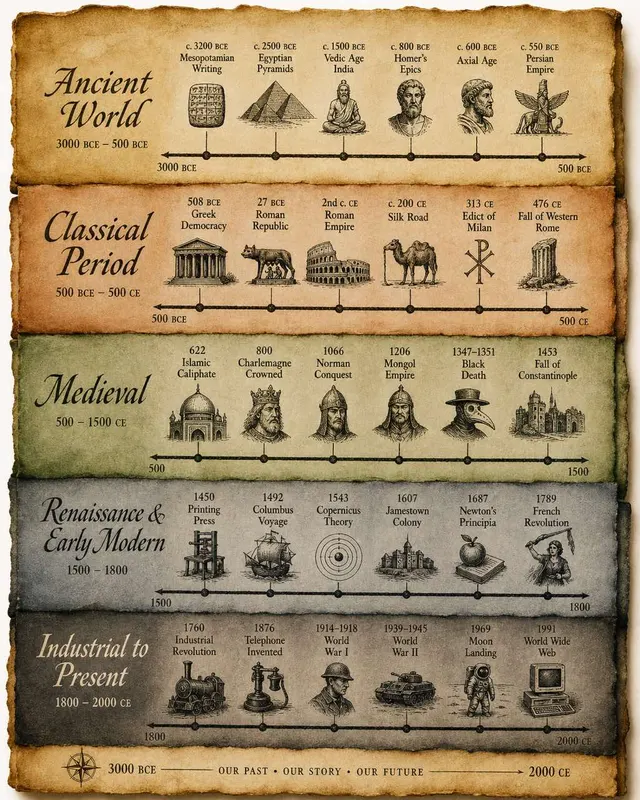 羊皮纸纹理横向世界历史时间轴,公元前3000年至公元2000年,五个时代彩色带与墨水风格事件插图