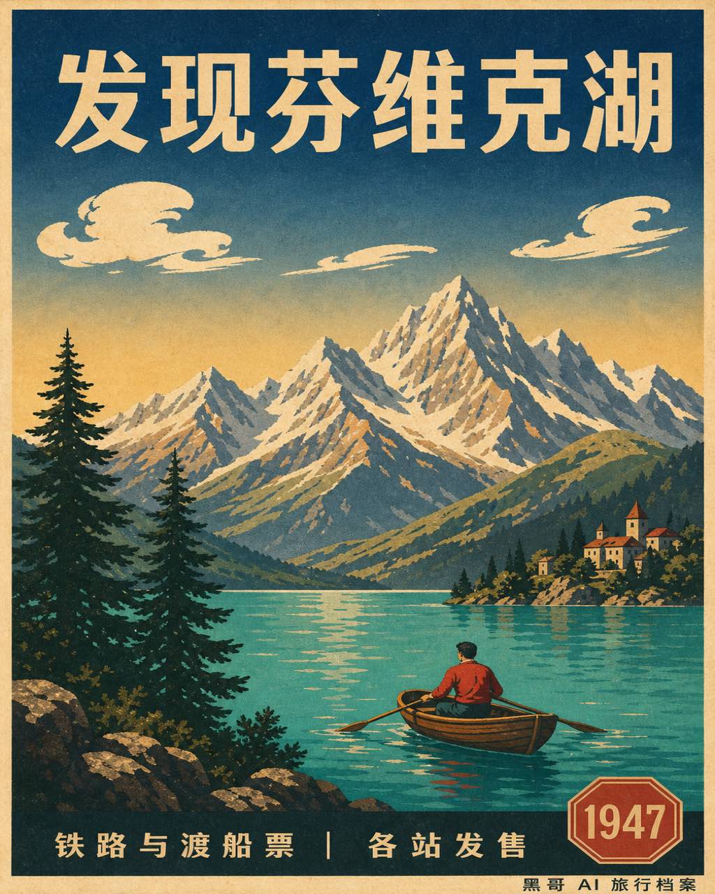 1940 年代复古旅行海报，描绘阿尔卑斯湖泊、划艇、雪山，配粗体标题 "DISCOVER LAKE FENWICK"。