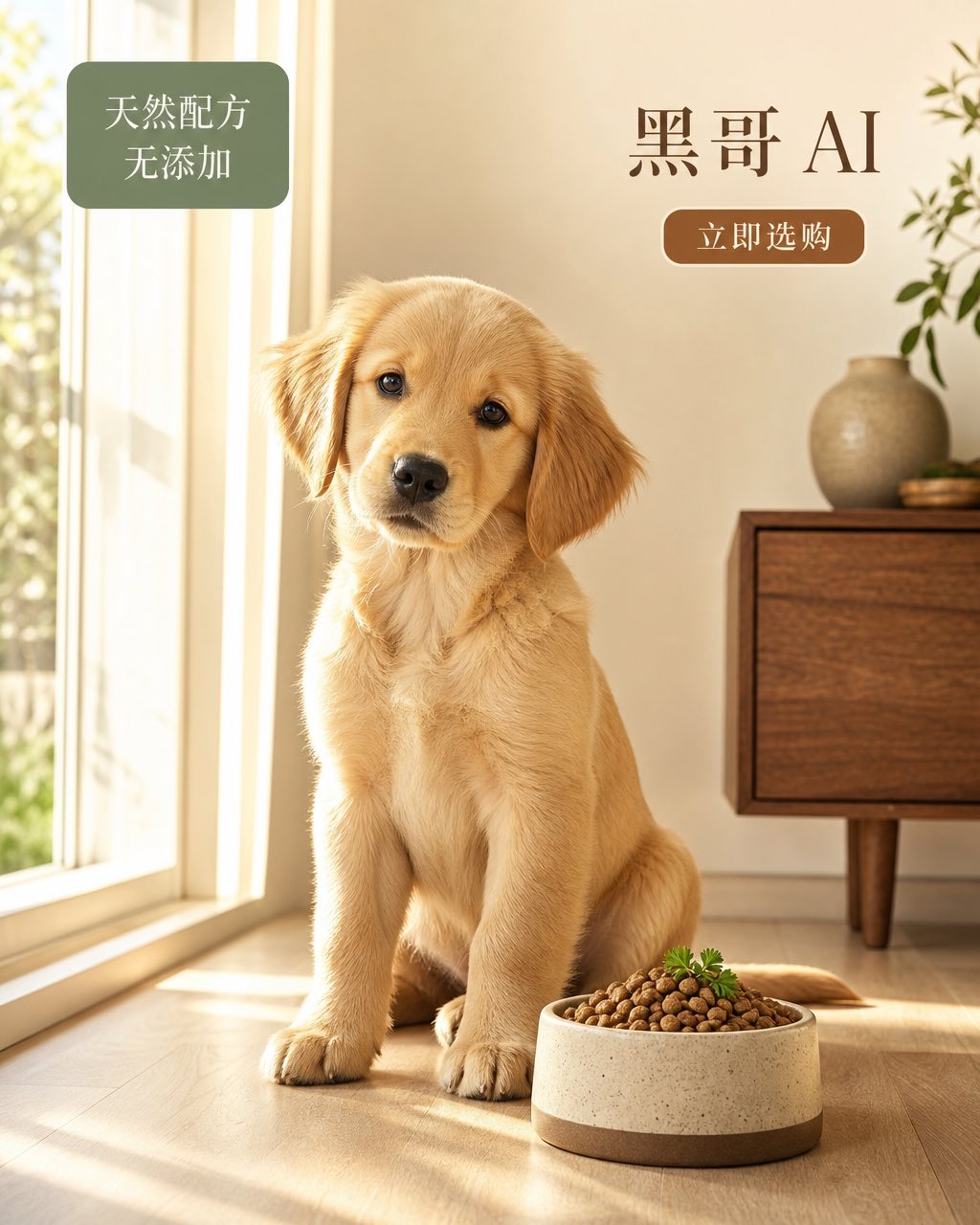 PawCraft 宠物粮小红书 4:3 封面，金毛幼犬与陶瓷碗，温暖自然光，鼠尾草绿与胡桃木棕配色