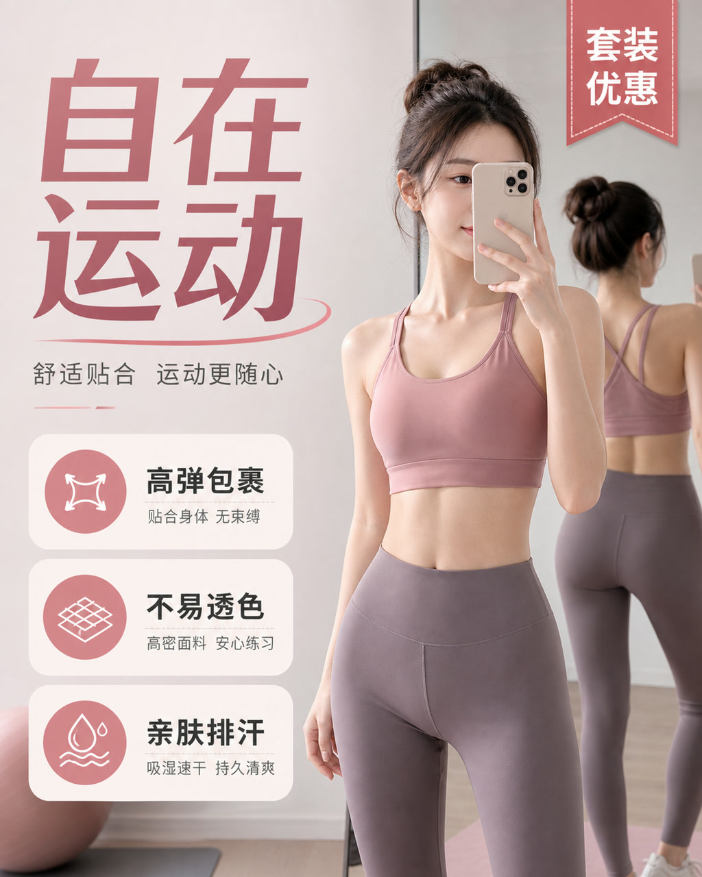 瑜伽套装卖点图，主文案为「自在运动」，卖点为「高弹包裹、不易透色、亲肤排汗」。