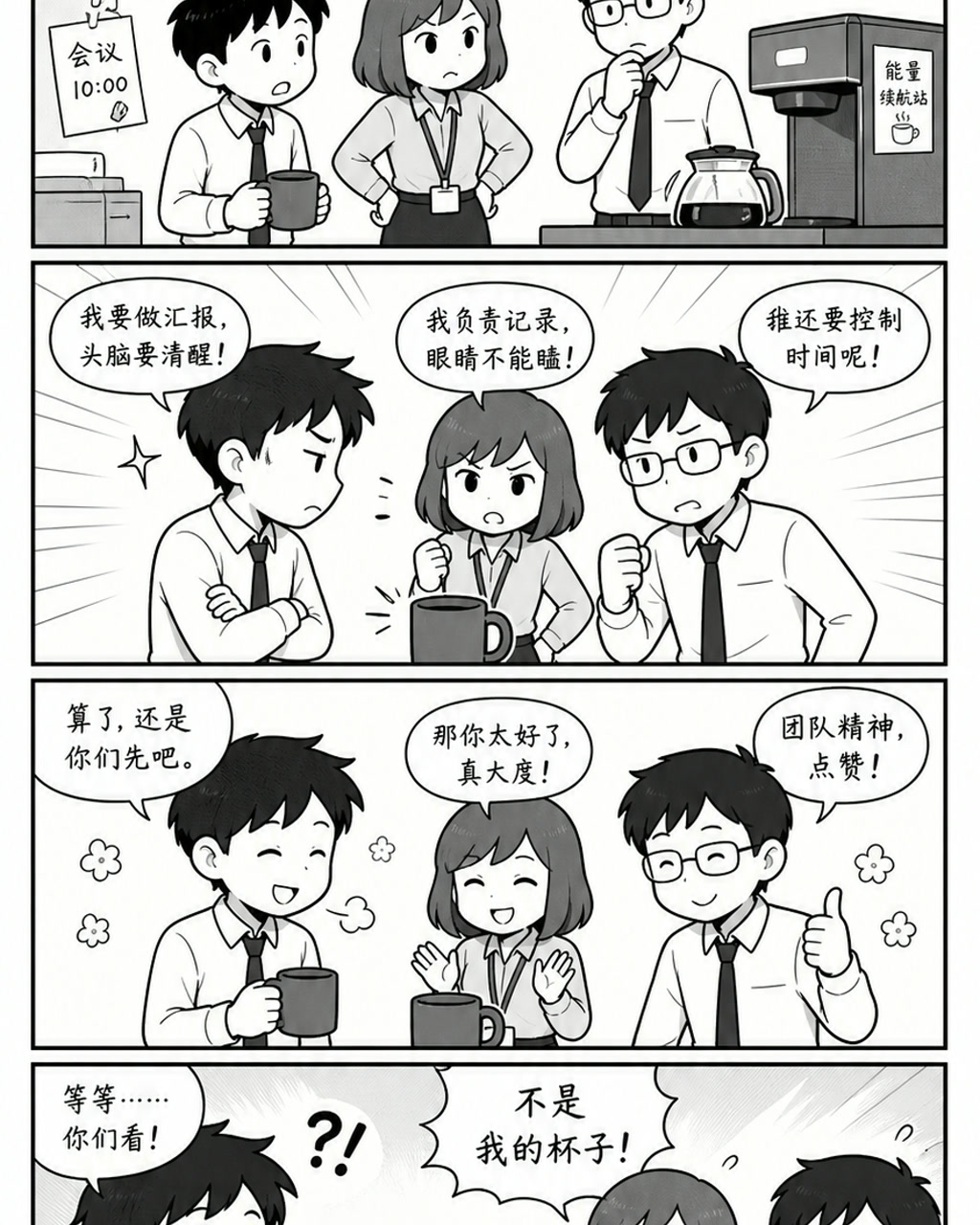 四格办公室咖啡笑话，原创漫画风格样本，包含清晰漫画版式、角色动作和可见中文标题。