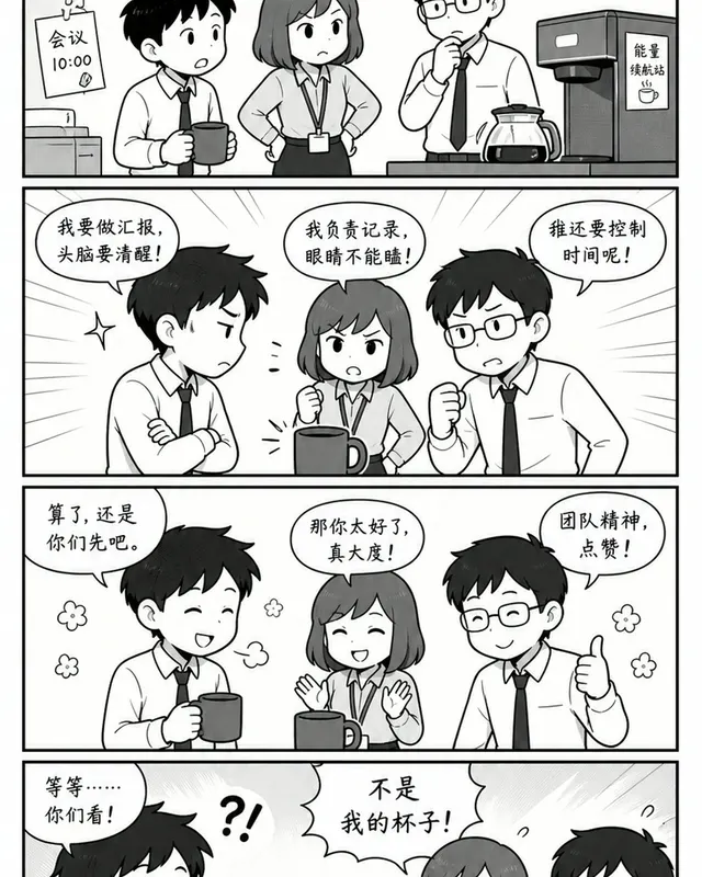 Yonkoma Office Coffee Joke, an original comic style sample with visible layout, character action, and readable lettering.